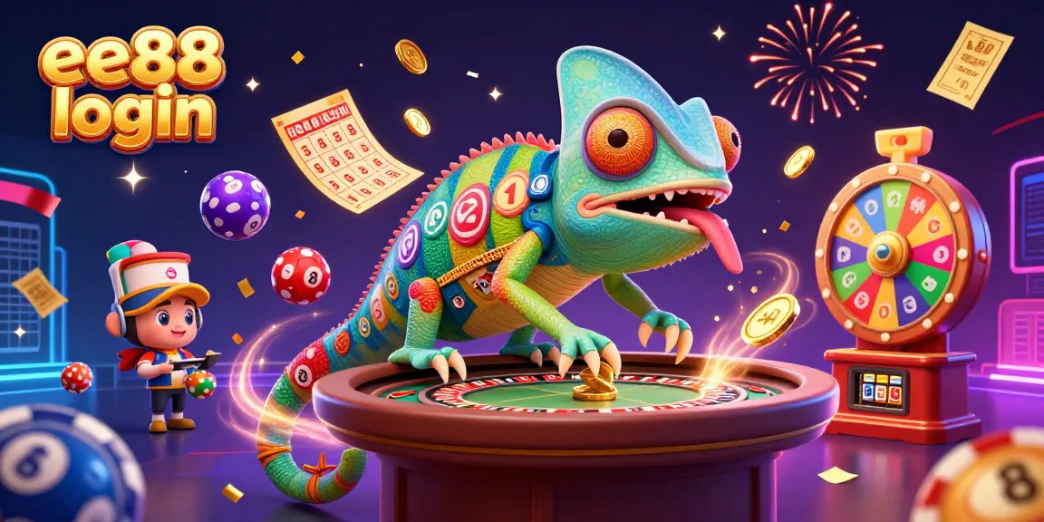 Experience the excitement of ee88 login with a colorful casino scene featuring a chameleon owner amidst dynamic gaming elements.