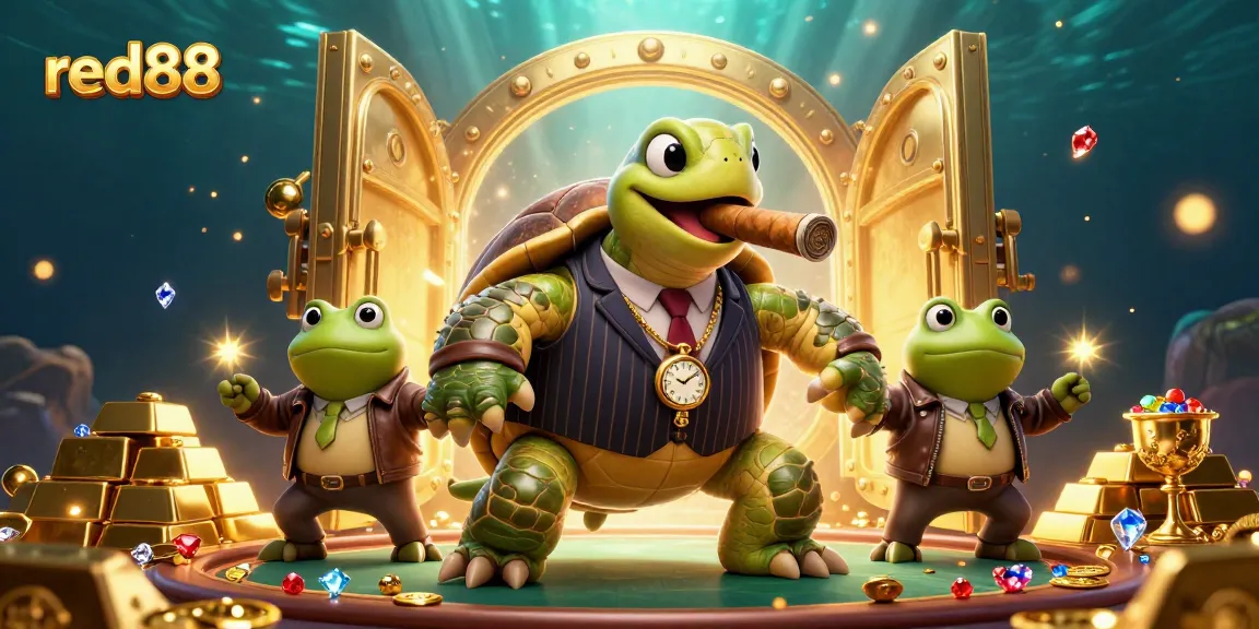 Experience thrilling gameplay with red88 as a cartoon turtle and bullfrogs in a casino-themed adventure.
