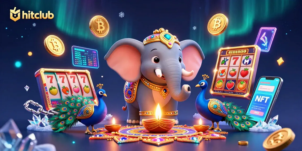 Engage with hitclub's vibrant casino scene featuring a Diwali-themed elephant and crypto elements.