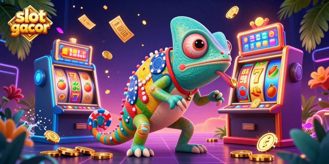 Engage in slot gacor gameplay with vibrant 3D chameleon casino owner capturing golden coins.