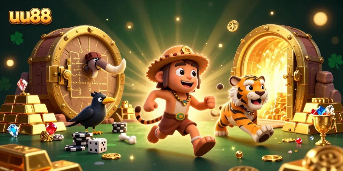 Experience thrilling gameplay at uu88 with 3D caveman and sabertooth tiger in a dynamic casino scene.