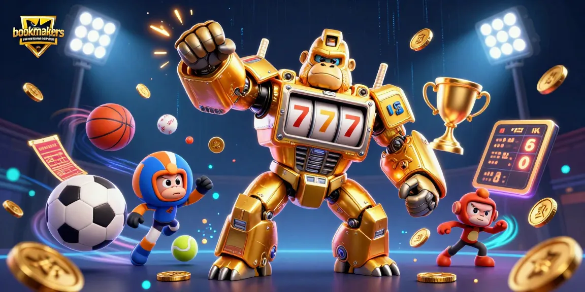 Experience exhilarating action with bookmakers not registered with GamStop, featuring a dynamic gorilla mech amid sports elements.