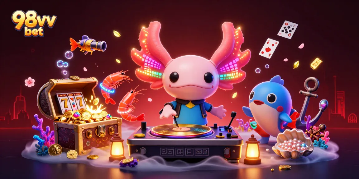 Spin the reels with 98vv bet in a vibrant underwater casino scene bursting with treasures and lively characters.