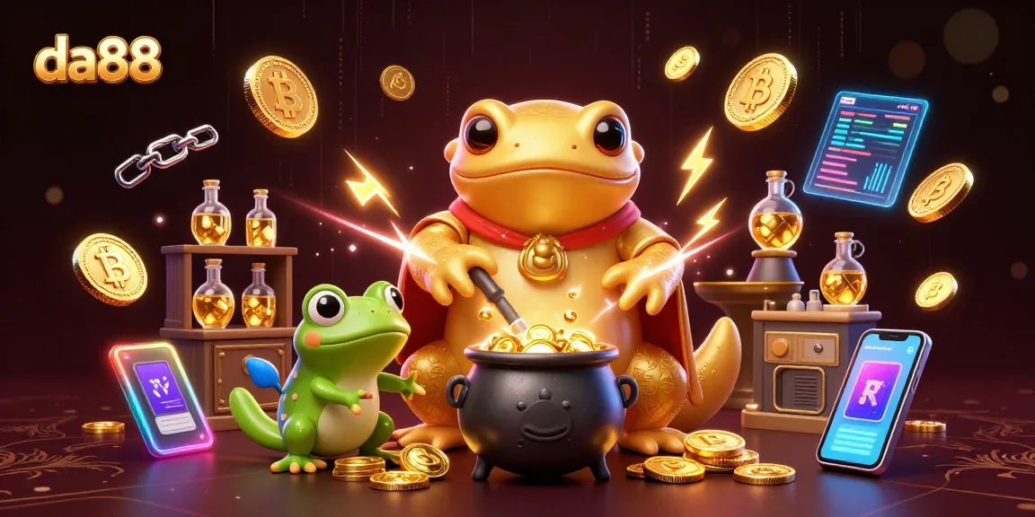 da88 showcases a golden salamander alchemist in a vibrant casino-themed scene with crypto elements.