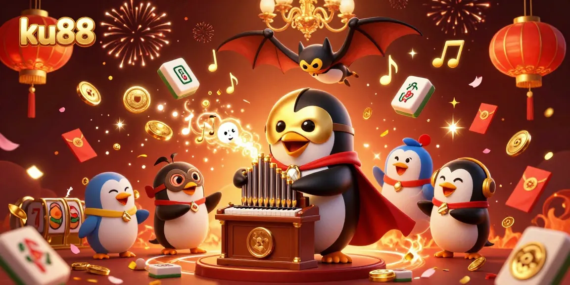 ku88 features a penguin organist showering coins amid lively casino elements like slot reels and festive confetti.