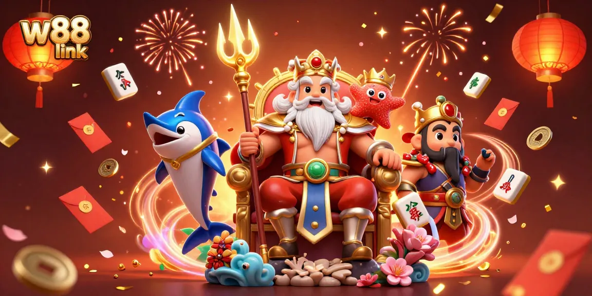 Experience the excitement of w88 link with vibrant casino-themed 3D illustration featuring king Neptune and dynamic game elements.